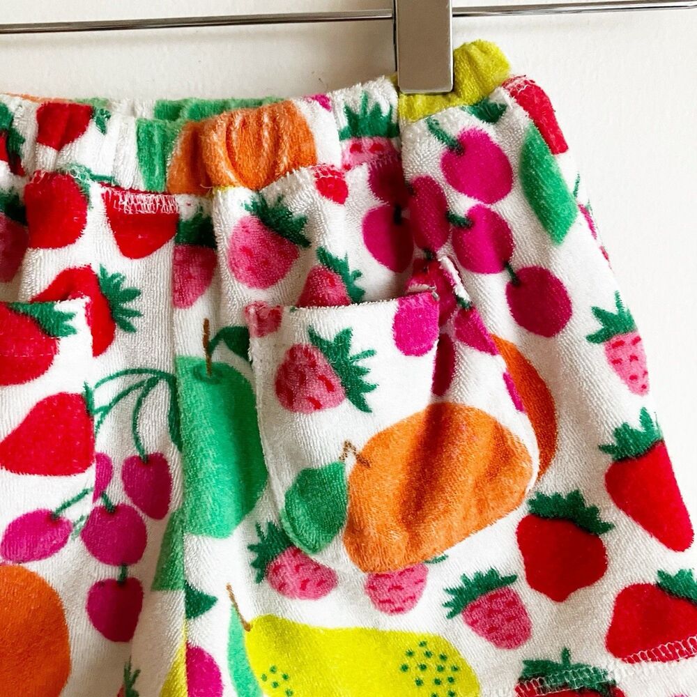 Mini Boden Girls Size 6 Fruit Print Terry Cloth Shorts Pockets Strawberry Orange - Picture 5 of 6